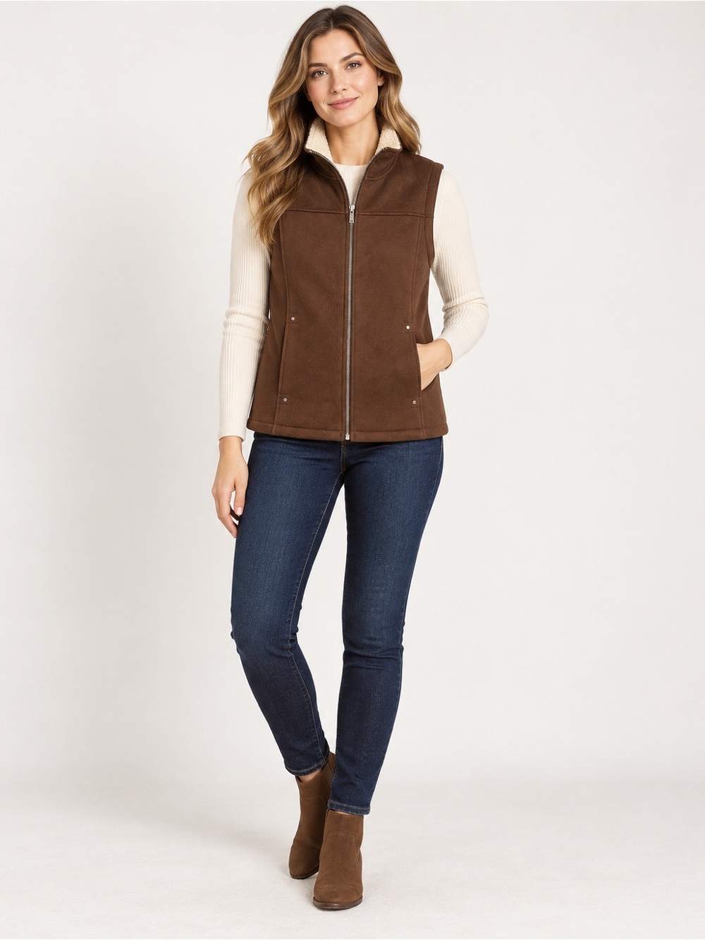 Ralph Lauren Brown Zip-Front Fleece Faux Suede Vest Size S Western Equestrian